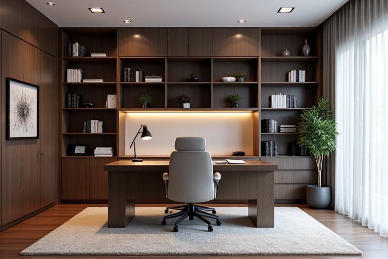 Eleganter Heimbürobereich mit massgefertigtem Schreibtisch und Bücherregal.