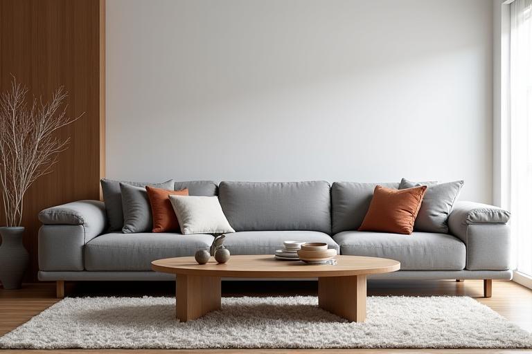 Modernes Wohnzimmer mit grauem Sofa und Eichenholz-Couchtisch.