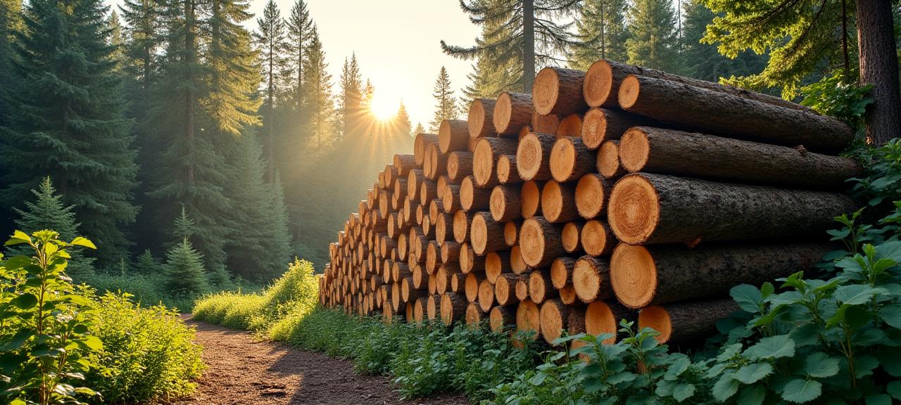 Stapel von zertifiziertem Holz in einem nachhaltig bewirtschafteten Wald.